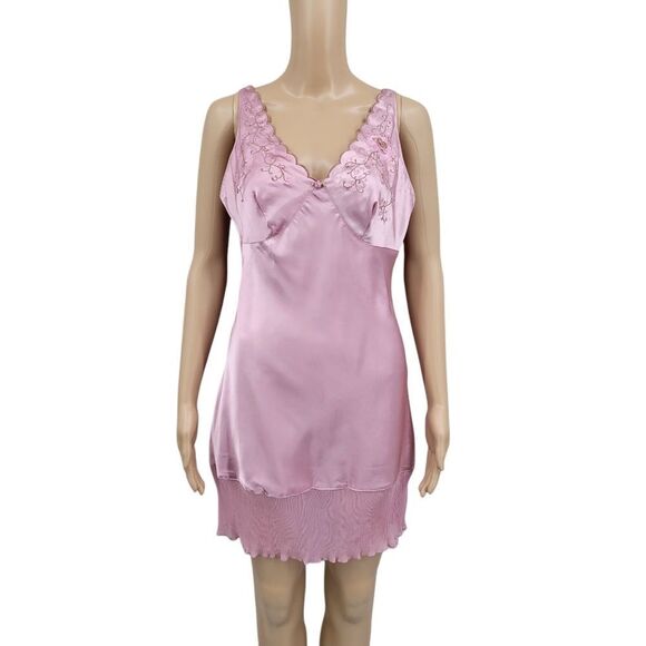 Sears Inner Most Y2K Pink Satin Slip Dress Nightgown Chocolate Brown Embroidery - Picture 1 of 11